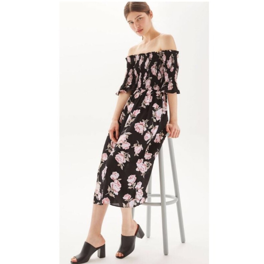 TOPSHOP Floral Shirred Bardot Dress